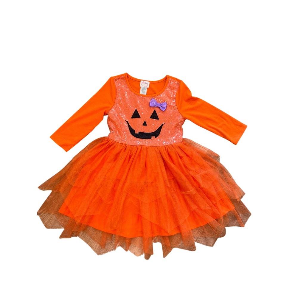Pinky Orange Pumpkin Sequin Tulle Dress Bow sz 7 pumpkin patch halloween sparley - Picture 1 of 5